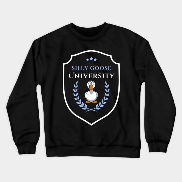 Silly Goose University - Angry Cartoon Goose Emblem With Blue Details Crewneck Sweatshirt by Double E Design